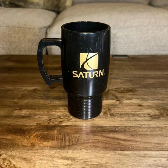 SATURN Automotive Coffee Tea Cup mug with handle double side printed blk/gold - Picture 1 of 9